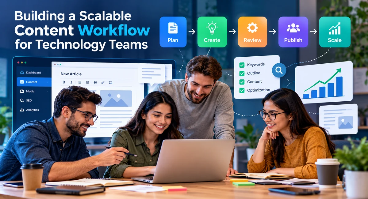 Building A Scalable Content Workflow For Technology Teams 1 Technology Team Collaborating On A Scalable Content Workflow For Planning, Creating, Reviewing, Publishing, And Scaling Content.
