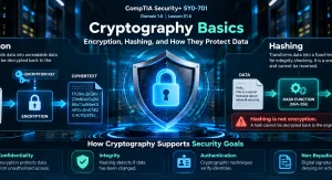 Cryptography Basics: Encryption, Hashing, And How They Protect Data 4 Cryptography Basics Showing Encryption, Hashing, Keys, And Security Goals For Comptia Security+ Sy0-701