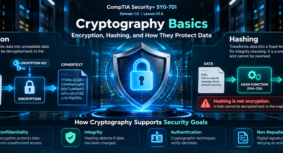 Cryptography Basics: Encryption, Hashing, And How They Protect Data 1 Cryptography Basics Showing Encryption, Hashing, Keys, And Security Goals For Comptia Security+ Sy0-701