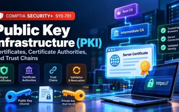 Public Key Infrastructure (Pki) Infographic Showing Certificates, Root Ca, Intermediate Ca, Trust Chains, Public Keys, And Certificate Validation