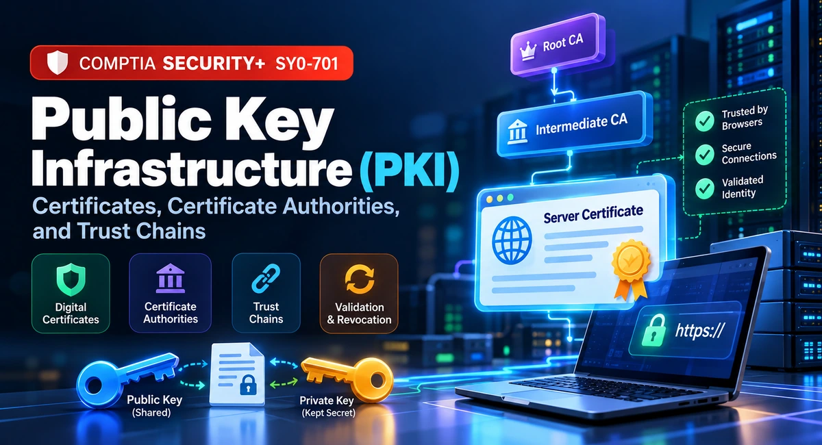 Public Key Infrastructure (Pki) Infographic Showing Certificates, Root Ca, Intermediate Ca, Trust Chains, Public Keys, And Certificate Validation