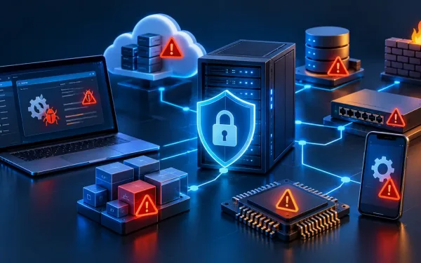 Cybersecurity Server And Connected Cloud, Endpoints, Network Devices, And Hardware Components With Warning Symbols Representing Vulnerability Fundamentals.