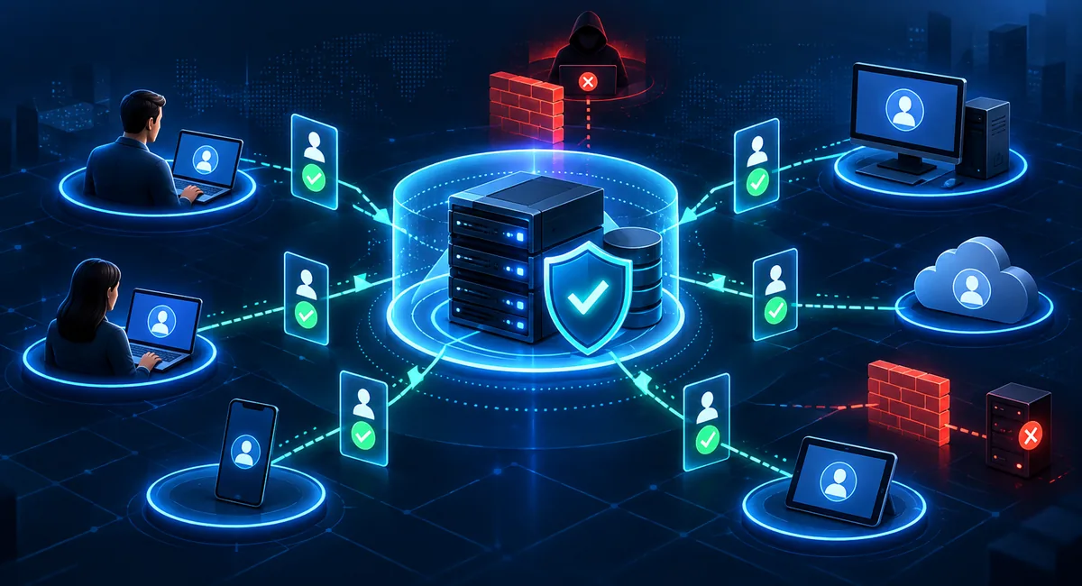 Zero Trust Cybersecurity Architecture Showing Verified Users And Devices Accessing Protected Resources Through Policy Checkpoints