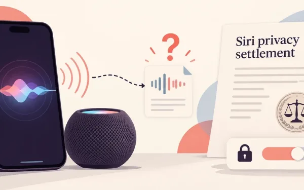 Siri Privacy Settlement Illustration With A Phone, Smart Speaker, Waveform And Court Document