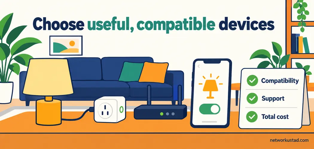 How To Choose Smart Home Gadgets That Work In Your Home 1 A Lamp, Smart Plug, Router, Phone Toggle, And Checklist Illustrate Choosing Compatible Smart Home Gadgets