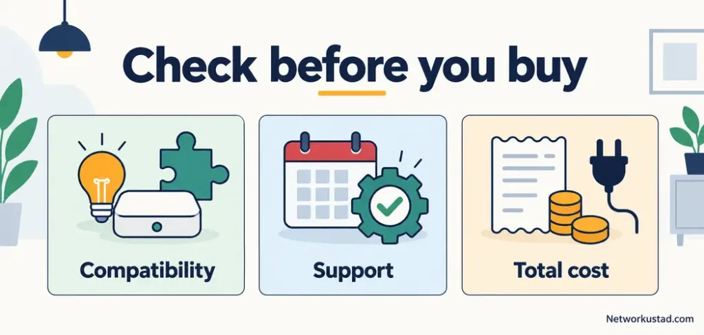 How To Choose Smart Home Gadgets That Work In Your Home 2 Compatibility, Support, And Total-Cost Checks For Smart Home Gadgets Shown With A Bulb, Controller, Calendar, And Receipt