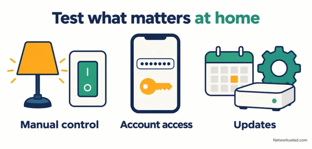 How To Choose Smart Home Gadgets That Work In Your Home 3 Manual Control, Account Access, And Updates For Smart Home Gadgets Illustrated With A Lamp, Password Phone, Key, Calendar, And Gear