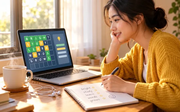 A Woman Playing One Of Several Online Games To Practice English On Her Laptop At A Sunlit Desk With Tea And A Notebook