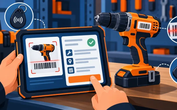 Tablet Showing A Barcode Scan Of A Tool Alongside Rfid And Bluetooth Tag Icons