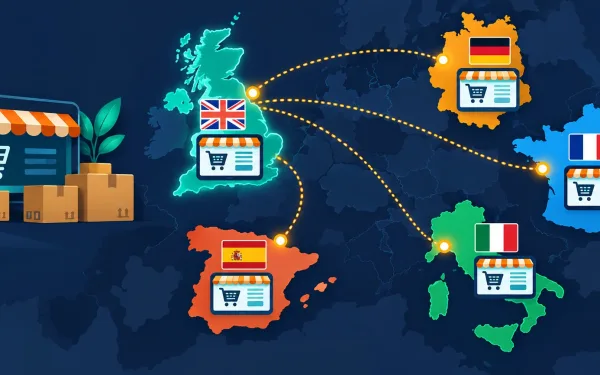 Vector Illustration Of Uk Connected To France, Germany, Spain, And Italy Via Localized Storefronts