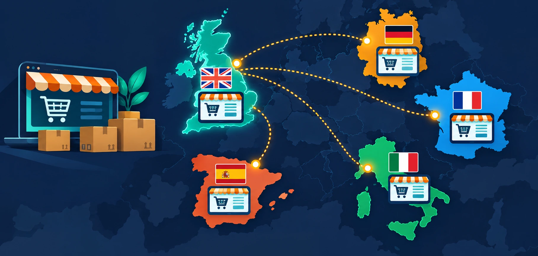 How Translation And Localization Help Businesses Survive Tough Markets 1 Vector Illustration Of Uk Connected To France, Germany, Spain, And Italy Via Localized Storefronts