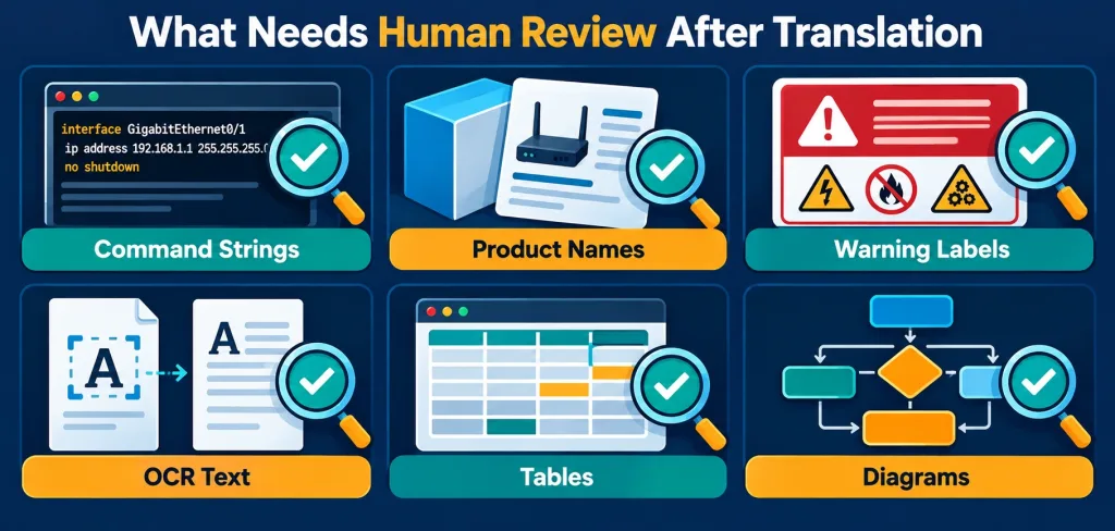 How Pdftranslator.org Supports Multilingual Technical Document Workflows 3 Infographic Showing Six Categories Of Content That Require Human Review After Automated Pdf Translation