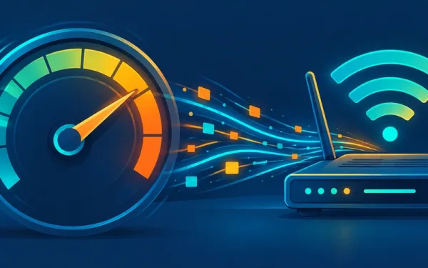 A Speedometer Gauge Next To A Wi-Fi Router Representing A Broadband Speed Test